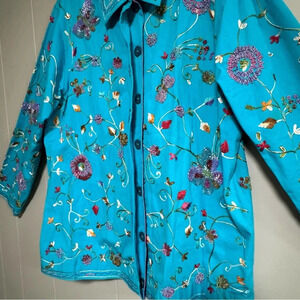 THE QUACKER FACTORY Floral Embroidered Beaded Jacket Turquoise Blue Size Medium